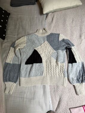 Topshop Colorblock Cable-Knit Pullover Sweater - Cream & Gray